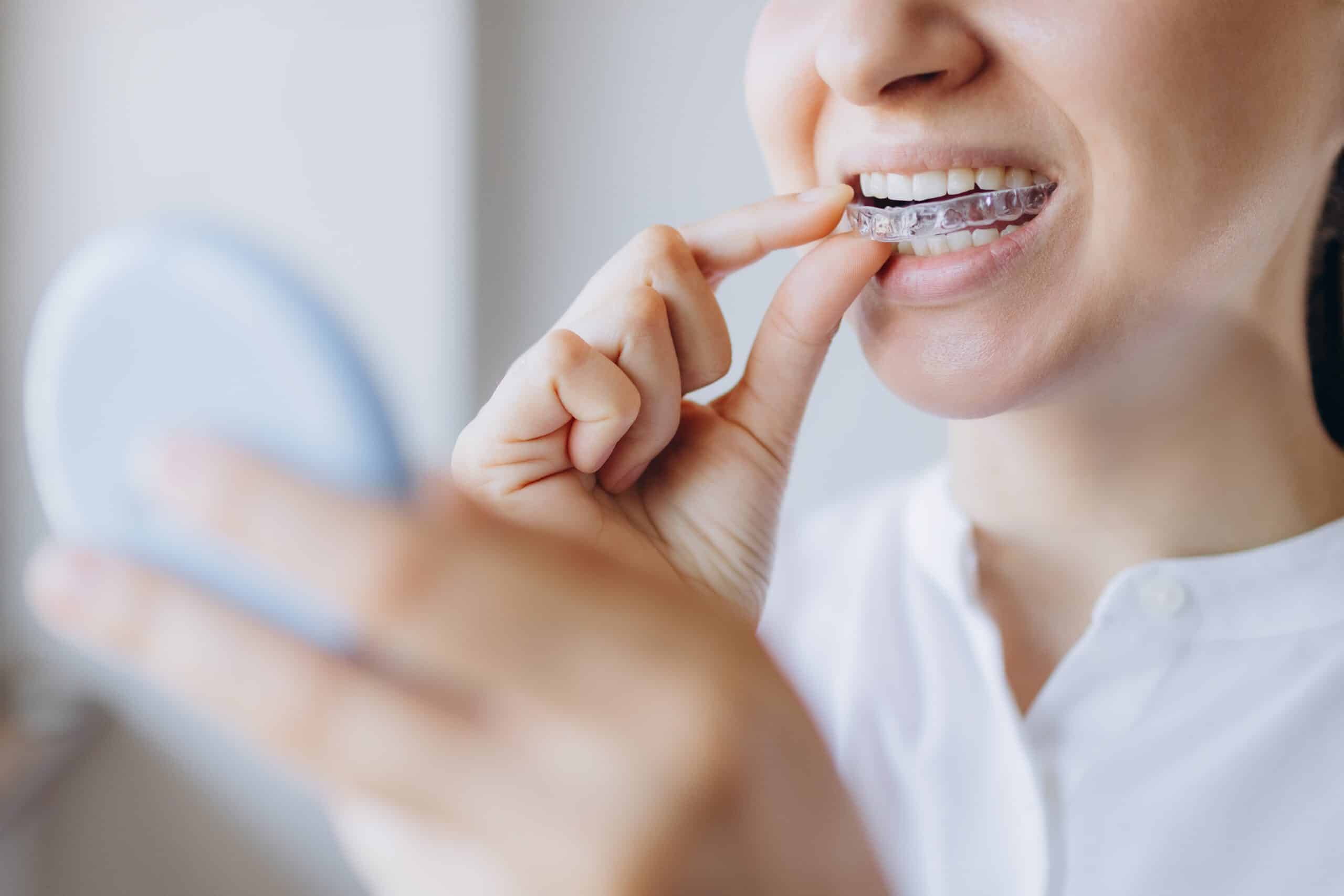 Frau platziert ihren Aligner zur Zahnkorrektur